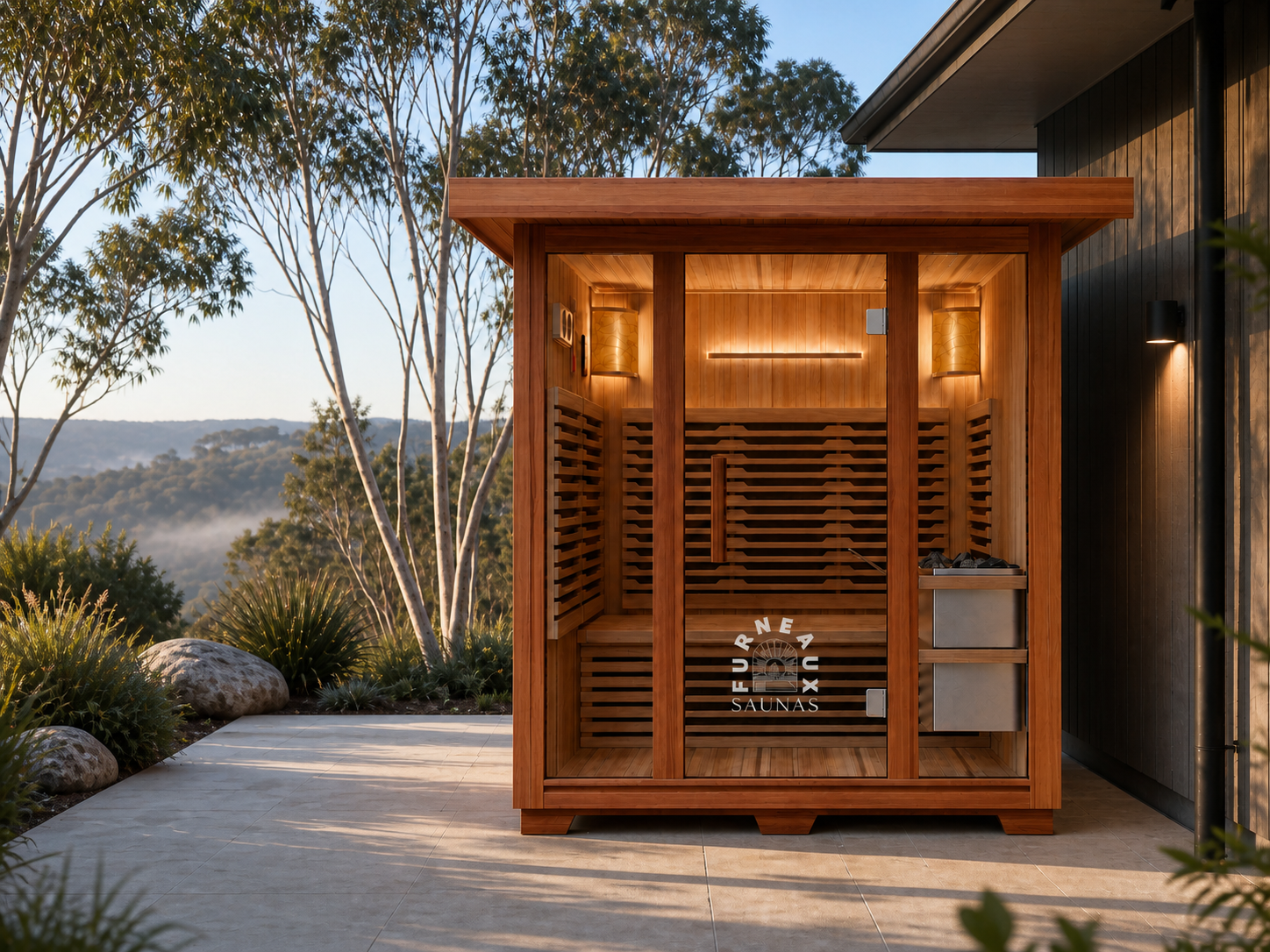 Babel Hybrid sauna beside a Tasmanian home in daylight