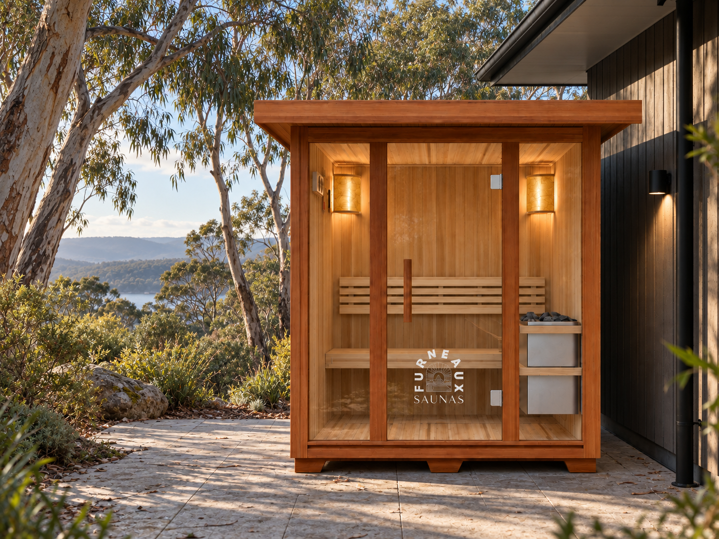 Babel Traditional sauna beside a Tasmanian home with eucalyptus trees